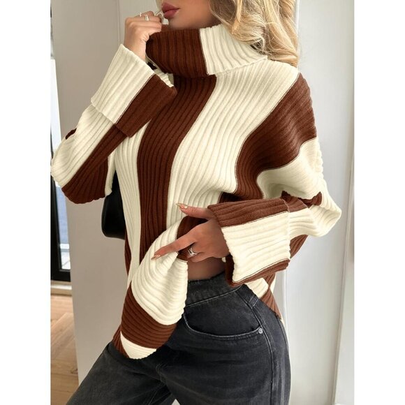 Women’s Color Block Turtleneck Sweater Oversized Casual Fall Dress - Picture 4 of 5